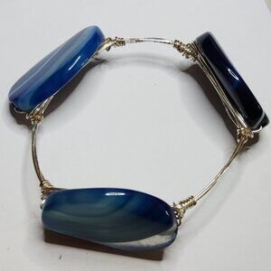 Wire Wrapped Blue Agate Gemstone Bracelet Handmade 7.5" Artisan Jewelry